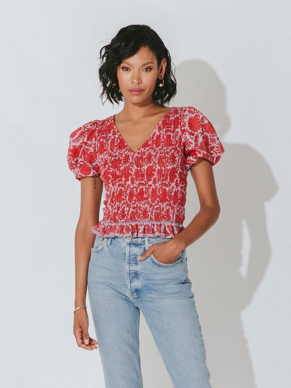 Cleobella Red Printed Smocked V-Neck Puff Sleeve Top Bella floral cropped top XL